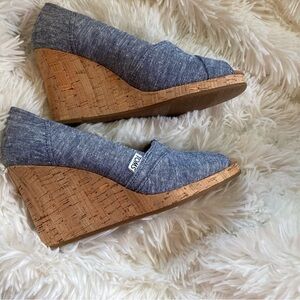 NWOT Toms Peep Toe Stella Wedge, never worn. Blue denim, size 7.